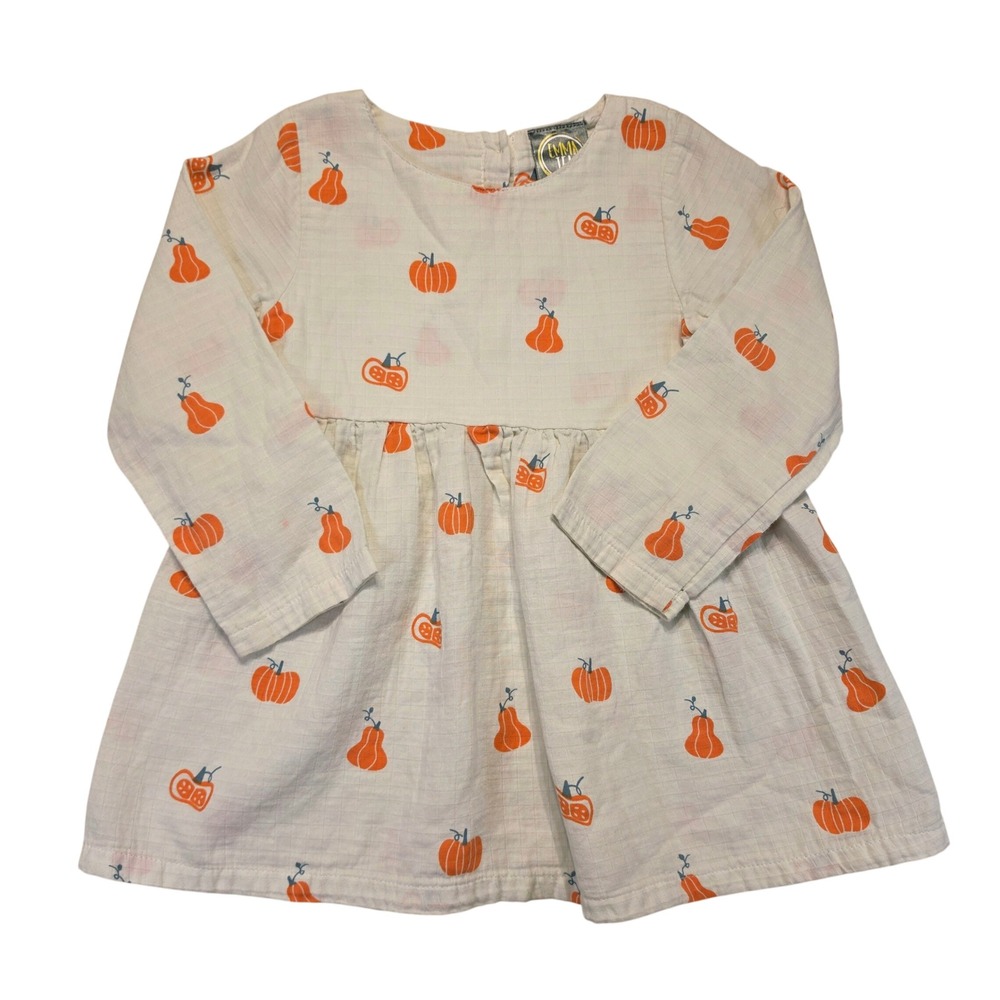 Emma Jean Girls Pumpkin Print Cotton Gauze Long Sleeve Fall Dress Cream Size 5